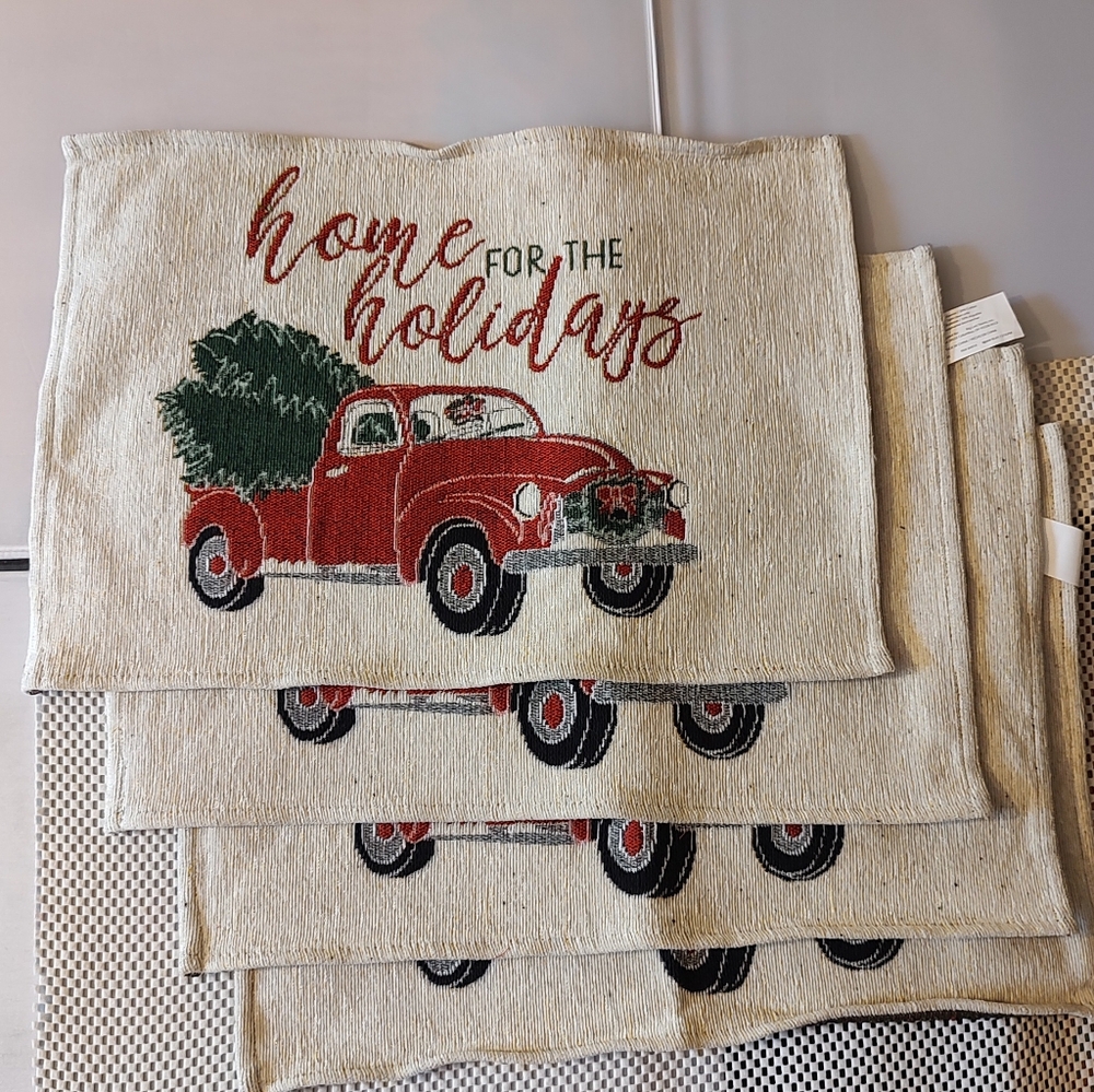 "Home For The Holidays" Place Mats 4pcs Red Truck Christmas Tree 18x13"